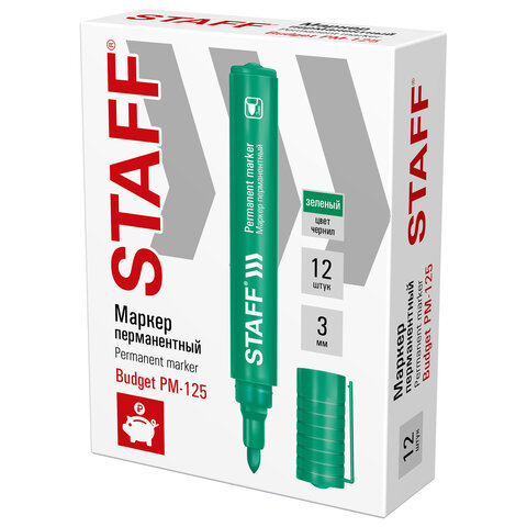 Маркер перманентный STAFF "Basic Budget PM-125", ЗЕЛЕНЫЙ, круглый наконечник 3 мм, 152177