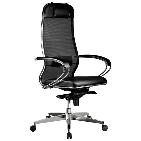 Кресло офисное МЕТТА "ErgoLife" Comfort, хром, сиденье мягкое, ткань-сетка/экокожа, черное