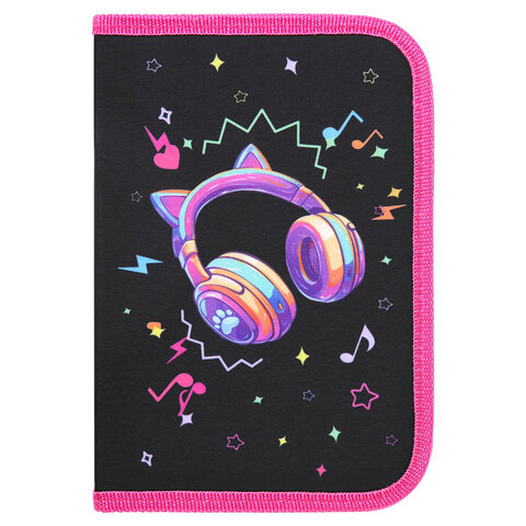 Пенал BRAUBERG с наполнением, 1 отделение, 1 откидная планка, 24 предмета, 21х14 см, "Headphones", 273531