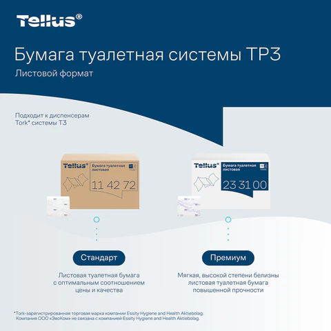 Бумага туалетная Tellus/TORK (Система Т3) UNIVERSAL, КОМПЛЕКТ 40 шт., листовая, 250 л., 11х23 см, 1-слойная, 114272