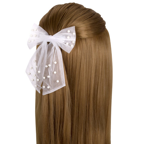 Заколка для волос 16х14 см, баретте с бантом и бусинами, белый, MONTE VITA (МОНТЕ ВИТА), 457120