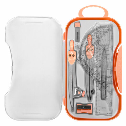 Готовальня BRAUBERG SCHOOL KIT, 11 предметов, циркуль 115 мм, циркуль 125 мм, чертежные принадлежности, персиковый цвет, 210717