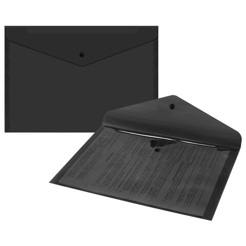 Папка-конверт с кнопкой прозрачная А4, BRAUBERG "UNIVERSAL", до 100 листов, черная, 0,15 мм, 273072