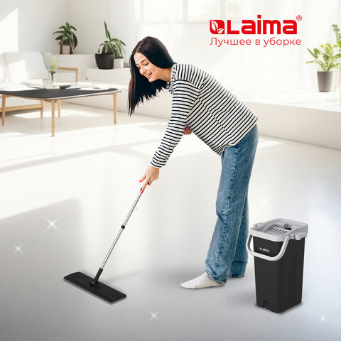 Швабра с отжимом и ведром 10л/7л двухкамерное, 2 насадки микрофибра, карманы с 2-х сторон, рукоятка 134-154см черный AltaMop L, LAIMA,609151