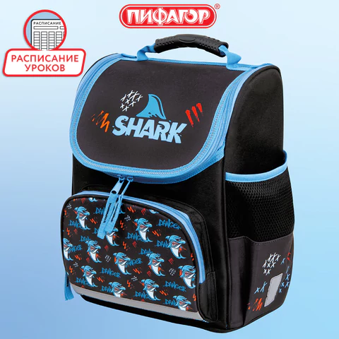 Ранец ПИФАГОР BASIC, 1 отделение, 3 кармана, эргономичная спинка, "Angry shark", 35х28х18 см, 272044