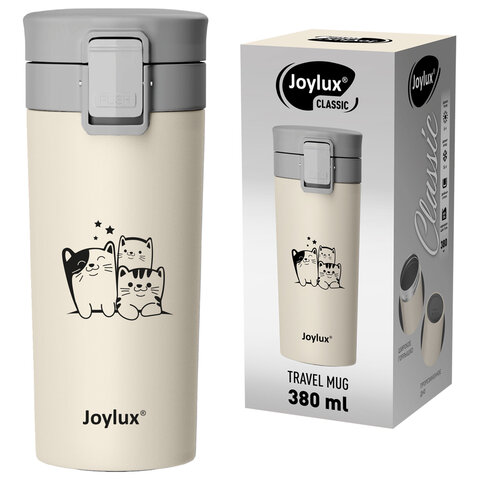 Термокружка 380 мл JOYLUX (ДЖОЙЛЮКС) CLASSIC CAT, нержавеющая сталь SUS304, бежевый с принтом, 700272