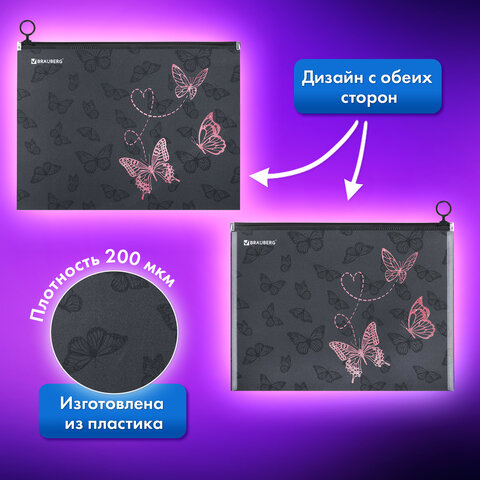 Папка для тетрадей BRAUBERG А4, 1 отделение, пластик, на zip-lock-молнии, "Neon butterflies", 272103