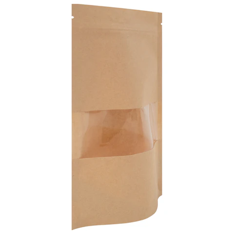 Пакеты дой-пак с замком ZIP LOCK, крафт с окном 50 мм, 120х200 + 40 мм, КОМПЛЕКТ 100 штук, 150 мкм, BRAUBERG, 700689