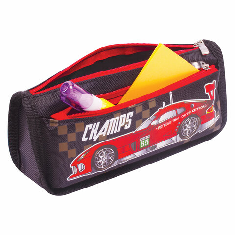 Пенал мягкий ЮНЛАНДИЯ, 2 отделения, полиэстер, "Car champion", черный, 21х6х9 см, 228982