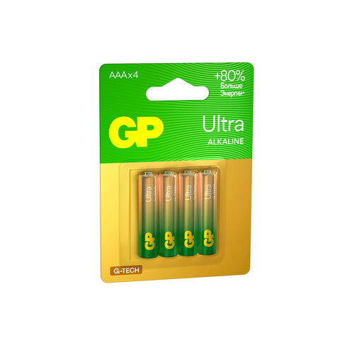 Батарейки КОМПЛЕКТ 4 шт., GP Ultra G-Tech, AAA (LR03, 24А), алкалиновые, мизинчиковые, 24AUA21-2CRSBC4