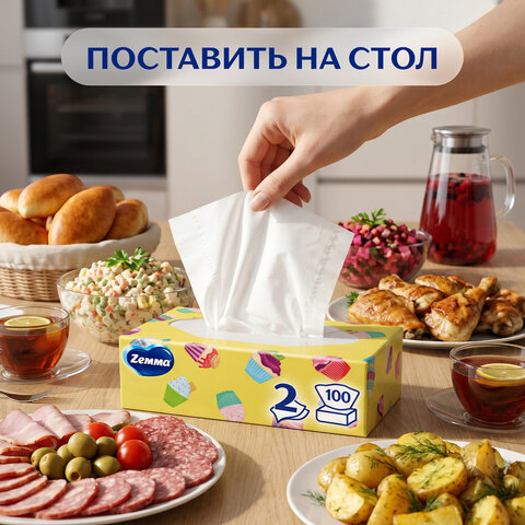 Салфетки косметические 100 штук в картонном боксе, 2-слойные, ZEMMA/ZEWA Everyday, 62861