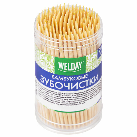 Зубочистки бамбуковые 200 штук в диспенсере, WELDAY (ВЭЛДЭЙ), 607567