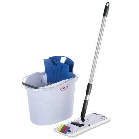 Швабра с отжимом и ведром 10л/7л, туннельный плоский отжим, в комплекте салфетки + перчатки, СпидМини, голубой, VILEDA, 143566