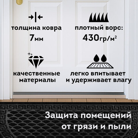 Коврик придверный 60х90 см, ЧЕРНЫЙ, грязезащитный, 430 г/м2, ПОЛУКРУГ, фактурный рисунок ЧЕШУЙКИ, ЛЮБАША, 701051