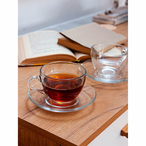 Набор чайный на 6 персон (6 кружек 215 мл, 6 блюдец), стекло, PASABAHCE "БЕЙЗИК", фирменная подарочная упаковка, 97948