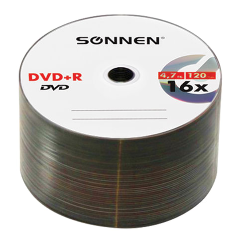 Диски DVD+R (плюс) SONNEN 4,7 Gb, 16x, Cake Box (упаковка на шпиле), КОМПЛЕКТ 50 шт., 512577