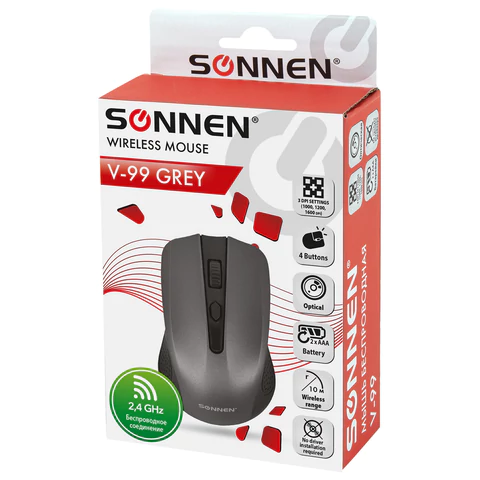 Мышь беспроводная SONNEN V99, USB, 1000/1200/1600 dpi, 4 кнопки, оптическая, серая, 513528