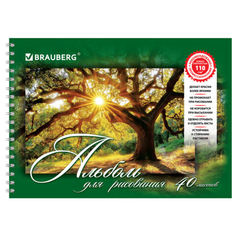 Альбом для рисования, А4, 40 листов, гребень, обложка картон, BRAUBERG, 195х285 мм, "Удивительная Природа" (2 вида), 102832