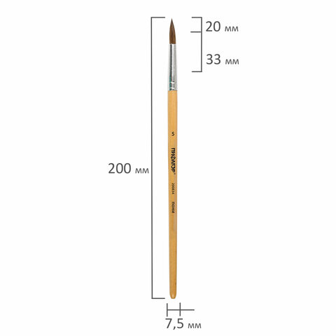 Кисть ПИФАГОР, ПОНИ, круглая, № 5, деревянная лакированная ручка, с колпачком, 200834