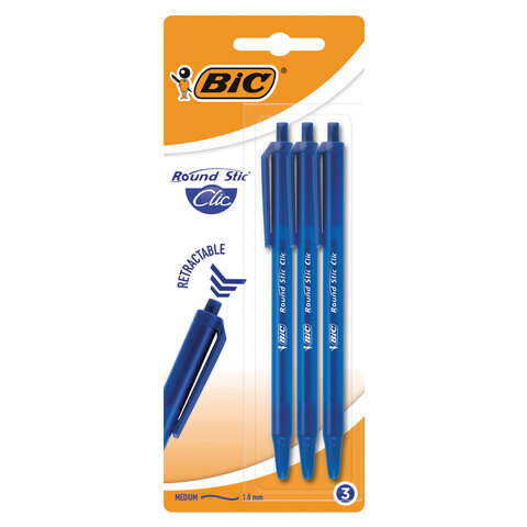 Ручки шариковые автоматические BIC "Round Stic Clic", НАБОР 3 шт., СИНИЕ, линия письма 0,32 мм, блистер, 926374