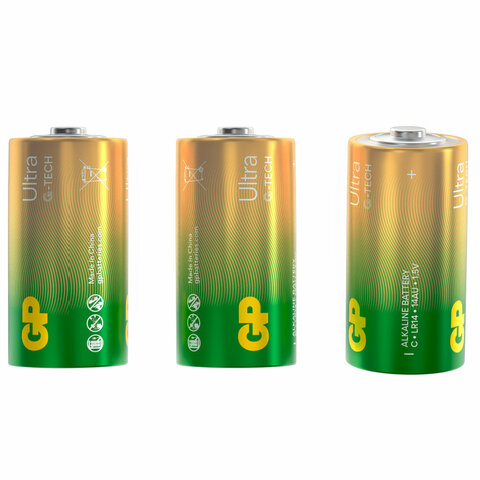 Батарейки КОМПЛЕКТ 2 шт., GP Ultra G-Tech, С (LR14, 14А), алкалиновые, блистер, 14AU-2CR2