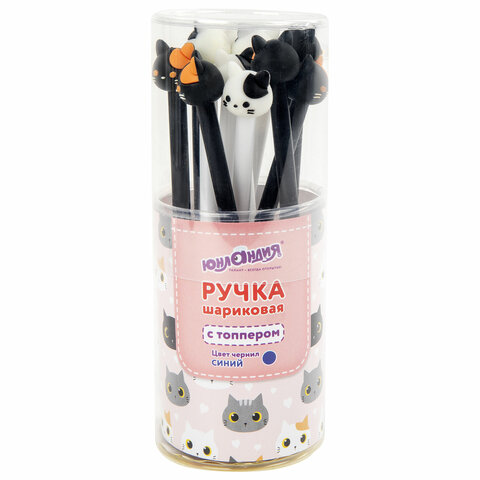 Ручка с топпером шариковая ЮНЛАНДИЯ "Кошка", корпус ассорти, СИНЯЯ, пишущий узел 0,7 мм, 143804
