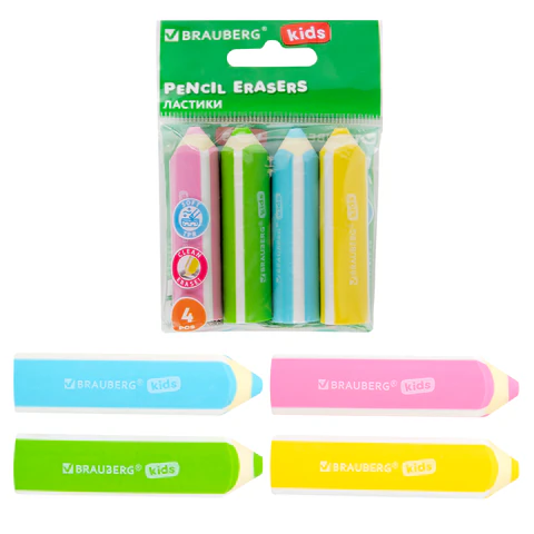 Ластики фигурные BRAUBERG KIDS "Карандашики", НАБОР 4 ШТУКИ, пакет, 271996
