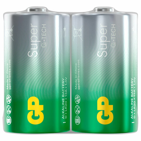 Батарейки КОМПЛЕКТ 2 шт., GP Super G-Tech, D (LR20, 13А), алкалиновые, в пленке, 13A-OS2