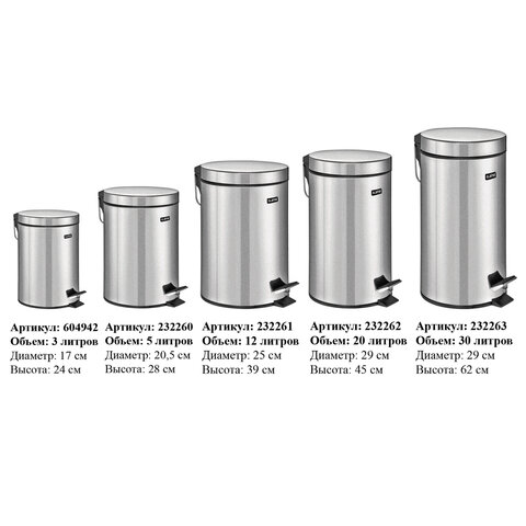 Ведро мусорное с педалью 20 литров "Classic", ЗЕРКАЛЬНОЕ, нержавеющая сталь, со съемным внутренним ведром, LAIMA, 232262