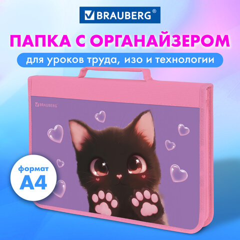 Папка на молнии BRAUBERG А4 с ручкой, с органайзером, 1 отделение, "Paw prints", 273383
