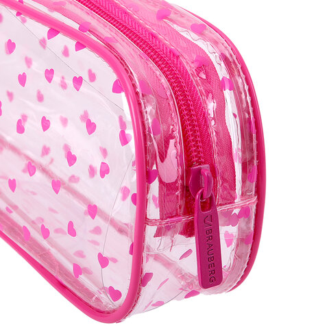 Пенал-косметичка BRAUBERG LUCENT на молнии, прозрачный, "Hearts", 21х5х9 см, 272345