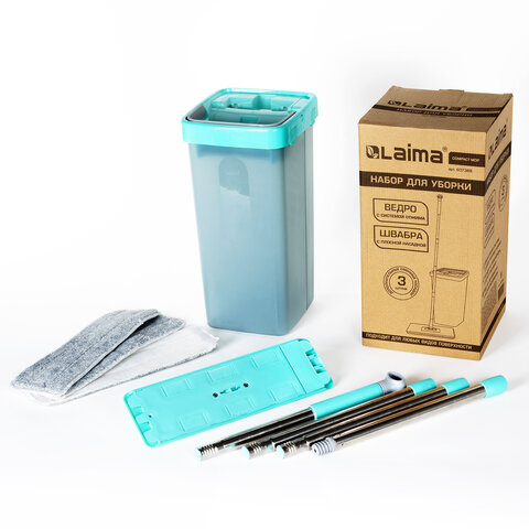 Швабра с отжимом и ведром 9л/7л двухкамерное, 3 насадки из микрофибры, рукоятка 130см, бирюзовый, Compact Mop, LAIMA, 607389