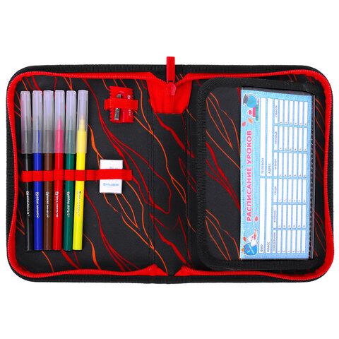 Пенал BRAUBERG с наполнением, 1 отделение, 1 откидная планка, 24 предмета, 21х14 см, "Fire dino", 273535