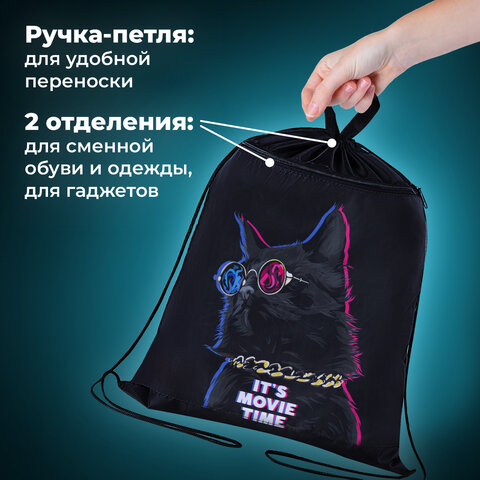 Мешок для обуви BRAUBERG, с петлёй, карман на молнии, 47х37 см, "Movie time", 270910