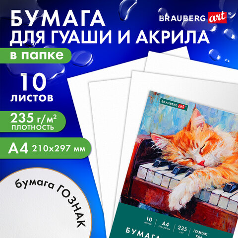 Бумага для гуаши и акрила А4 10 л., 235 г/м2, 210х297 мм, в папке, BRAUBERG ART CLASSIC, "Кот-музыкант", 117731