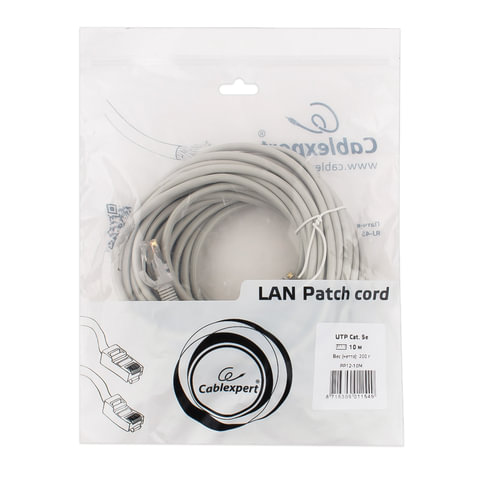 Кабель (патч-корд) UTP 5Е категория, RJ-45, 10 м, CABLEXPERT, для подключения по локальной сети LAN, PP12-10M