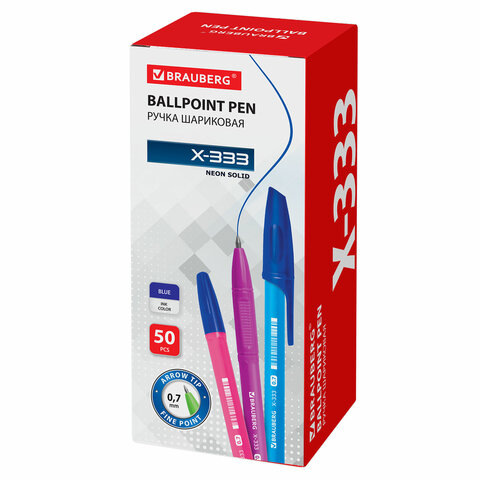 Ручка шариковая BRAUBERG "X-333" NEON SOLID, СИНЯЯ, корпус ассорти, узел 0,7 мм, линия письма 0,35 мм, 142831