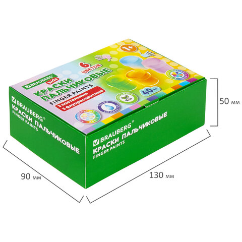 Краски пальчиковые для малышей от 1 года, 6 цветов (3 пастельных + 3 флуоресцентных) по 40 мл, BRAUBERG KIDS, 192400