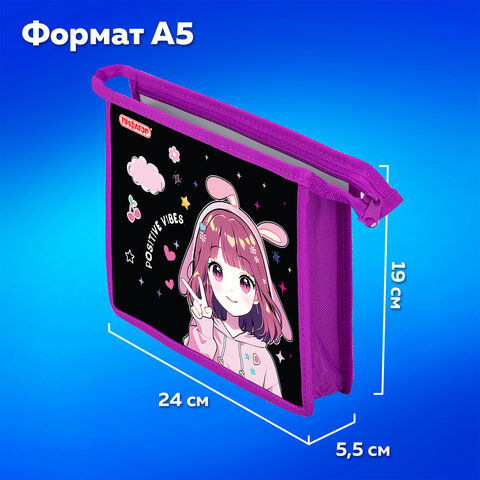 Папка для тетрадей ПИФАГОР А5, 1 отделение, пластик, на молнии, "Anime sign", 273328