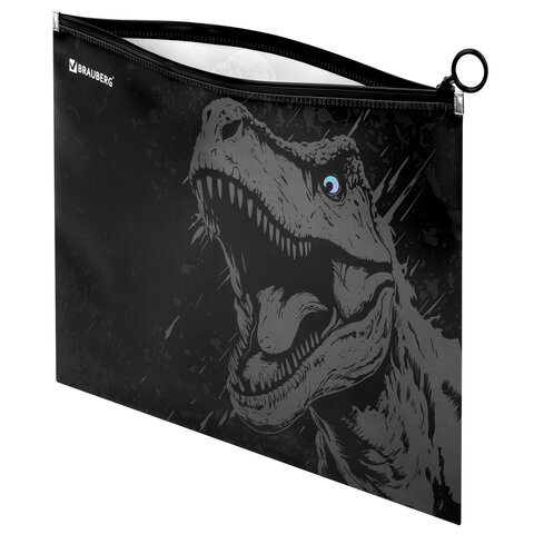 Папка для тетрадей BRAUBERG А4, 1 отделение, пластик, на zip-lock молнии, "Scary dino", 273321