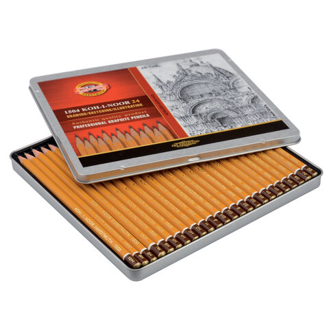 Карандаши чернографитные KOH-I-NOOR 1500, НАБОР 24 шт., 8В-10H, без резинки, металлическая коробка, 1504024001PL