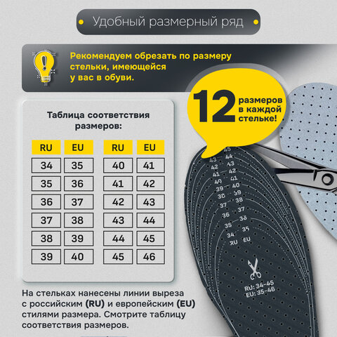 Стельки для обуви с АКТИВИРОВАННЫМ УГЛЕМ, УНИВЕРСАЛЬНЫЙ размер RU 34-45 / EU 35-46, с линиями выреза, SHEGRA (ШЕГРА), 700731