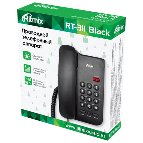Телефон RITMIX RT-311 black, световая индикация звонка, тональный / импульсный режим, повтор, черный, 80002231