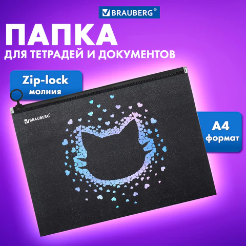 Папка для тетрадей BRAUBERG А4, 1 отделение, пластик, на zip-lock молнии, "Pretty face", 273319
