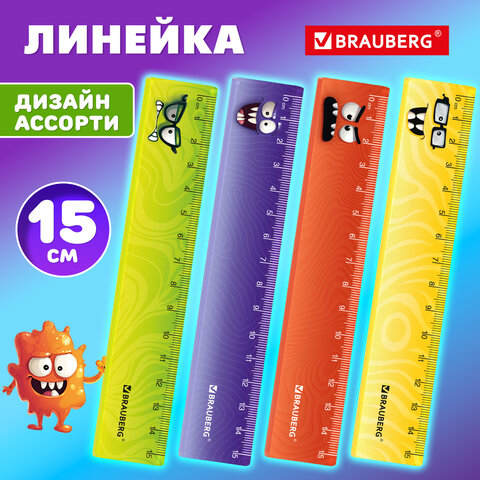 Линейка пластиковая 15 см, кросс-серия "МОНСТРИКИ", BRAUBERG, тонированная, ассорти, 210866