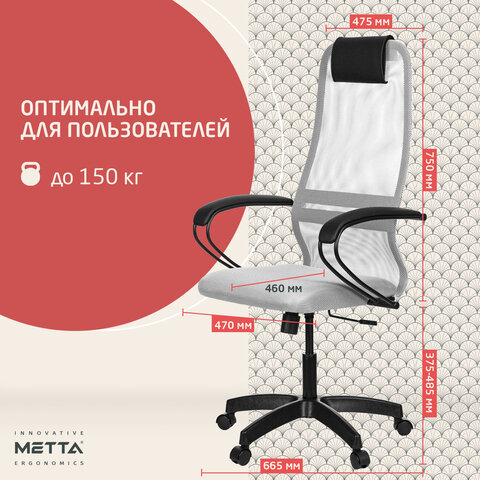 Кресло офисное МЕТТА "SU-B-8" пластик, ткань-сетка, сиденье мягкое, светло-серое