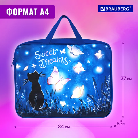 Папка на молнии с ручками BRAUBERG А4, 1 отделение, полиэстер, 80 мм, "Sweet dreams", 270959
