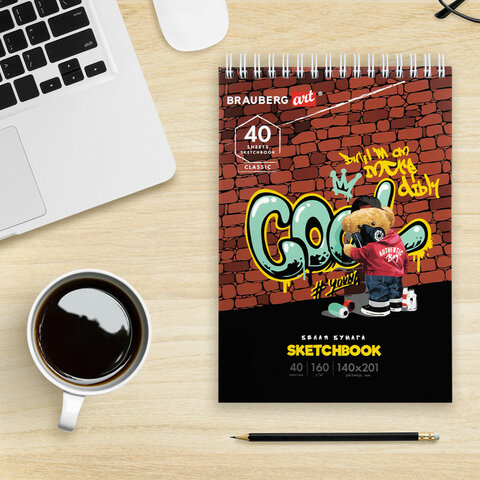 Скетчбук, белая бумага 160 г/м2, 140х201 мм, 40 л., гребень, подложка, BRAUBERG ART CLASSIC, "Граффити", 115069