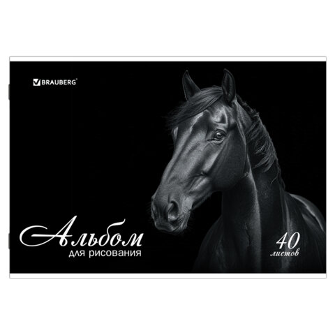 Альбом для рисования, А4, 40 листов, скоба, обложка картон, BRAUBERG, 200х283 мм, "Благородные кони" (2 вида), 103728