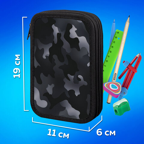 Пенал ПИФАГОР, 3 отделения, ламинированный картон, 19х11 см, "Black camo", 273489